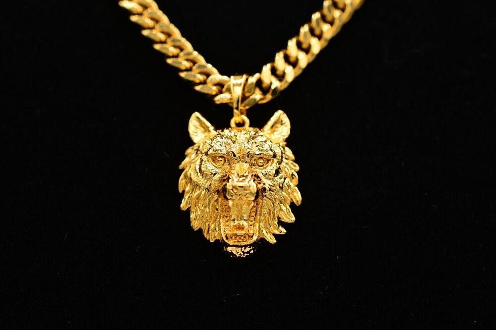 Kalifornia Lion Pendant Necklace Gold Tone Cuban Chain Signed Unisex 9J
